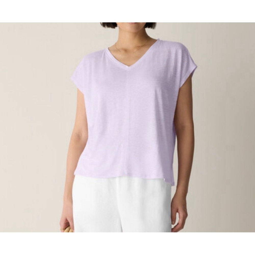 Eileen Fisher Organic Linen Jersey V-Neck Tee Purple XS Boxy Top